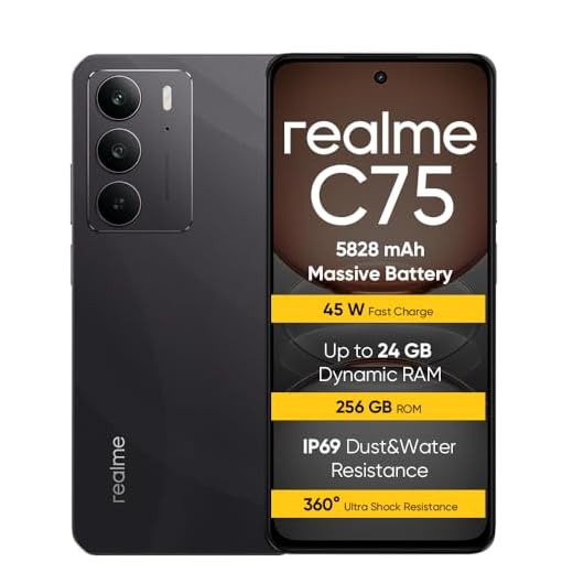 realme C75 Smartphone 8+256 GB, IP69,Batteria da 5828 mAh,Vetro ArmorShell™2,Fotocamera super nitida da 50 MP,Ricarica rapida da 45W, Black(nessun adattatore)