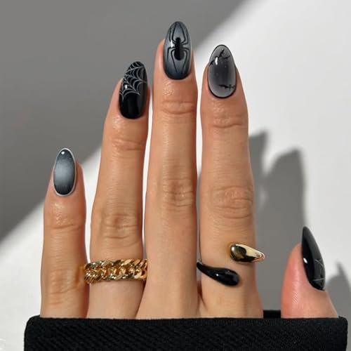24 Pcs Black Press on Nails Medium Almond Halloween Fake Nails Spider and Bat Designs Acrylic Nail Press ons White Gradient Full Cover False Nails for Women Halloween Nail Art