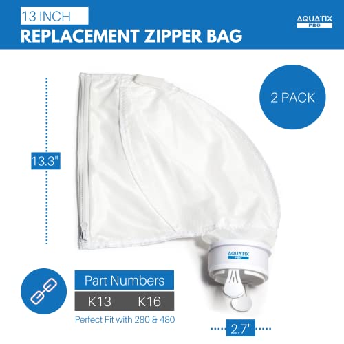 Aquatix Pro (2 Pack) K13 K16 All Purpose Zipper Replacement Bags Fits Polaris 280 & 480, Premium Pool Cleaner Bags, Finely Stitched Strong Mesh, Easy Snap Install Leaf Bags, Damage Free Enclosure #TOP2