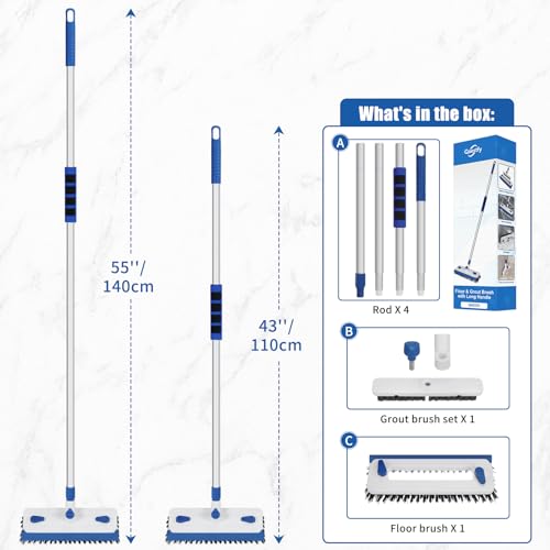 Qaestfy Schrubber mit Stiel Fugenbürste Abzieher Boden 3 in 1 Fugenreiniger Bad 140 cm Teleskop Waschbürste Fliesenreiniger für die Reinigung von Terrasse, Badezimmer, Garage, Küche, Wand