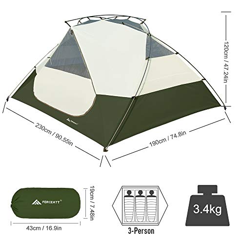 Tienda de campaña Forceatt para 3 personas, impermeable y resistente al viento, fácil montaje, tienda instantánea con cubierta para lluvia para camping, senderismo y viajes familiares miniatura 3