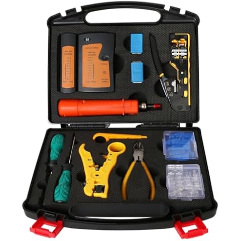 trophable Network Tool Kit, 12 in 1 Professional RJ45 Crimp Tool Kit Pass Through Crimper RJ45 Tester 110/88 Punch Down Tool Stripper Cutter Cat6 Pass Through Connectors and Boots Cover