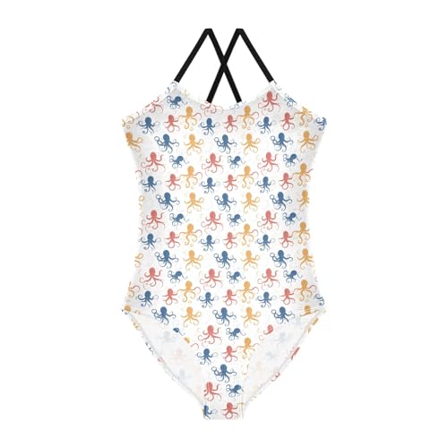 senya Girls Swimsuits One-Piece Swimwear Tie Bathing Suit Beach Summer Round Neck 5-6T Yellow Red Blue Octopus Pattern