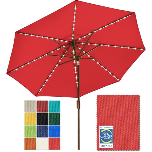 EliteShade USA 10-Year-Non-Fading Solar 9ft Market Umbrella with 80 LED Lights Patio Umbrellas Outdoor Table Umbrella with Ventilation, Logo Red