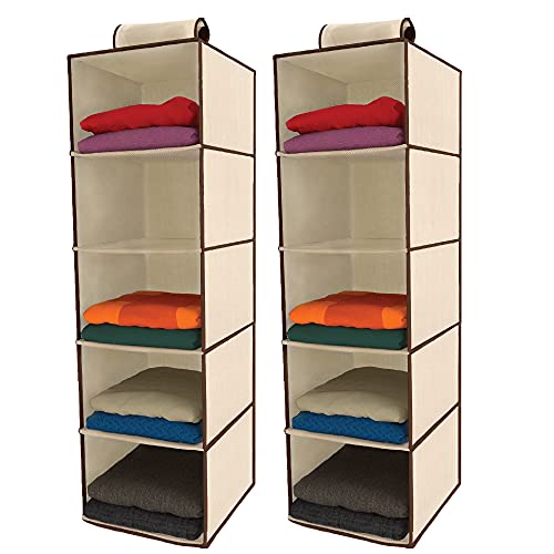 Ziz Home Hanging Closet Organizer | 5 Shelf Beige | Closet Hanging Organizer | Closet Organizer Hanging Shelves | Sweater Hanging Organizer | Hanging Clothes Storage Box Hanging Shelf Closet Organizer