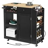 MAHANCRIS Kitchen Island with Power Outlet, Kitchen Storage Island with Drawer, Rolling Kitchen Cart on Wheels, Spice Rack, Towel Rack, Wine Rack, for Dining Room, Black and Natural KIHN122E01