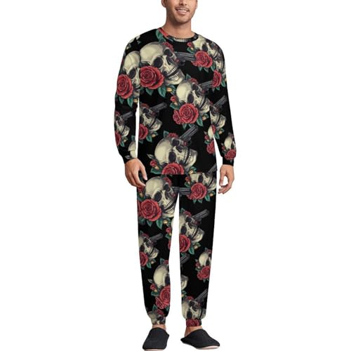 Skull Rose Gun Mens Pajamas Set Long Sleeve Sleepwear Pjs Set Shirts And Bottoms Sleep Sets Loungwear