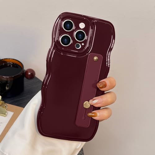 LAPOPNUT for iPhone 14 Pro Max Case for Women Girls,Simple Curly Wave Frame Design Soft Silicone Phone Case with Adjustable Wrist Strap Kickstand for iPhone 14 Pro Max Protective Cover,Wine Red