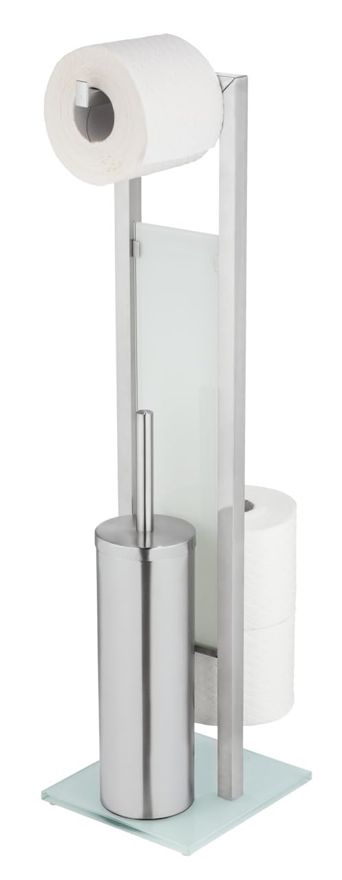 WENKO Combiné WC Rivalta | 3 en 1| Brosse WC fermée et Dérouleur Papier Toilette | Stockage Papier | Tête de Brosse remplaçable | Acier INOX Noir et Verre trempé Noir| 18x70x23 cm | Argent Mat