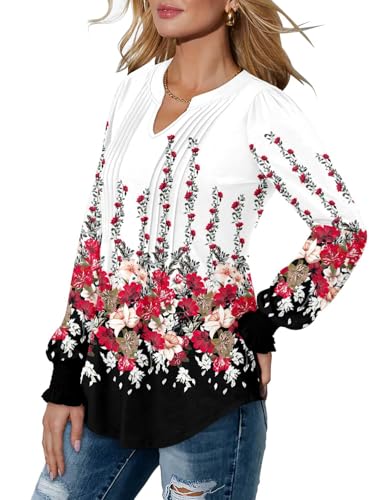 BETTE BOUTIK Long Sleeve Shirts for Women Fall Tops Dressy Blouses Pleated V Neck Tunic Tops for Leggings S-3XL