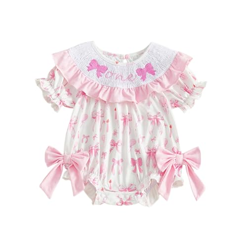 Image of Amiblvowa Baby Girl 1st Birthday Outfit Sleeveless Embroidery Smocked Romper Bodysuit First 1 Year Old Smash Cake Clothes