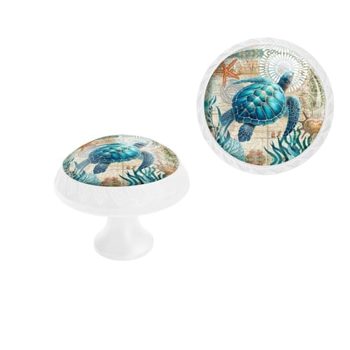 Elohiym 6 Pack White Drawer Pulls, Blue Sea Turtle Nautical Map Cabinet Knobs Crystal Glass Dresser Knobs for Kitchen Bathroom Hardware