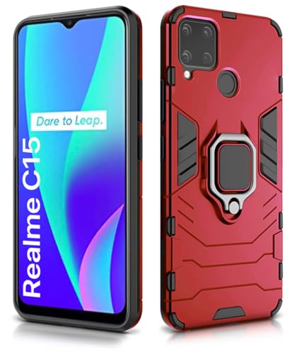 Image of WOW IMAGINE Shock Proof Back Case Mobile Cover for Realme C15 | Back Cover Case (Tough Armor | Hybrid PC + TPU | Ring Holder & in-Built Kickstand | Red)