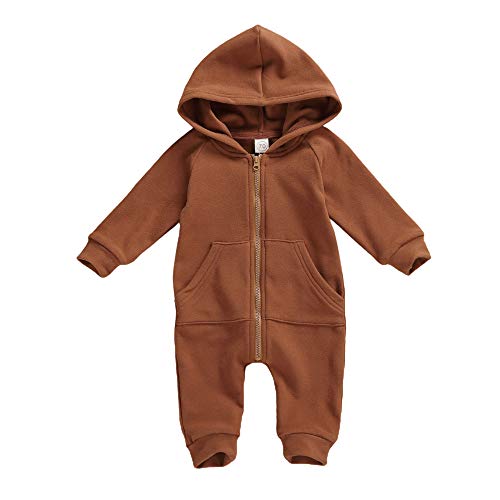 Image of FYBITBO Infant Baby Boys Girls Clothing Zipper Hooded Jumpsuit Romper Long Sleeve Onesie Outfit Fall Winter Warm Clothes