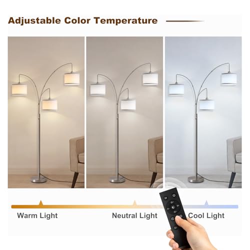 Image of Floor Lamps for Living Room, 2400LM Super Bright Arc Floor Lamp with Remote Control, 3 Light Tall Floor Lights with Stepless Dimmable, 80 inch Mid Century Tree Floor Lamp for Bedroom, Office