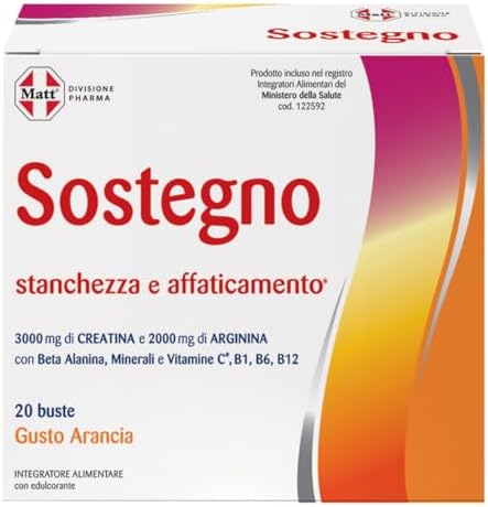 Matt, Sostegno, Integratore Alimentare a Base di Arginina e Creatina, Utile per Ridurre la Stanchezza, Contribuisce alla Normale Funzione del Sistema Immunitario, Confezione da 20 Buste, 160g Generico - integratore