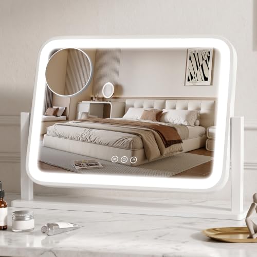 Vanity Mirror with Lights, 16.5"×12.2" LED Makeup Mirror, Rounded Frame, 10X Magnification, Smart Touch with 3-Color Lighting, Dimmable, 360° Rotation, Lighted Up for Makeup Desk, Bedroom (White)