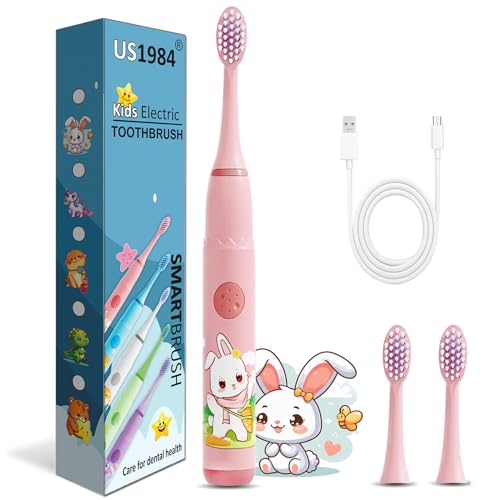Image of Sonic Electric Toothbrush for Kids with 4 Modes, 3 Brush Heads & Rechargeable Battery, Ultra Soft Nylon Bristles, IPX7 Waterproof, Electric Power Tooth brush (Pink)