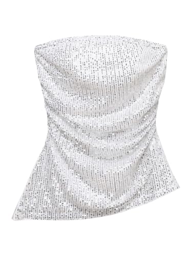 SweatyRocks Women's Glitter Sequin Strapless Tube Top Ruched Sleeveless Asymmetrical