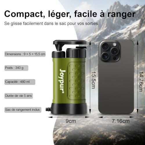 Joypur® Filtre à Eau Portable 5 Étapes 0,01 μm, Pompe Filtrante Manuelle avec Gobelet 480 ml, Préfiltre Externe, Léger 340 g, pour Randonnée, Camping, Trekking et Activités en Plein Air（K8192-green） – vue 3