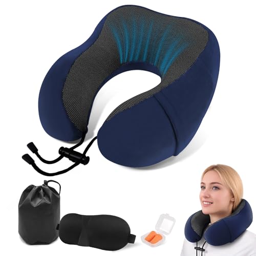 ARTREE Almohada de Viaje para Cuello Ajustable - Cojín Cervical con Sistema de Cinta Reguladora, Espuma Memoria Portátil para Avión/Coche, Incluye Funda + Bolsa