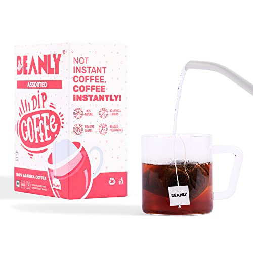 Image of Beanly Dip Coffee Assorted | Pack of 10 Hot Brew Bags | 100% Arabica Coffee | Easy Brew Coffee - 2 Classic, 2 Dark, 1 Cinnamon Twist | No Equipment Required