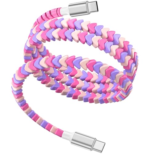 Purple and pink heart-beaded USB-C cable coiled — the bead casing that shields the cable from chewing and bending