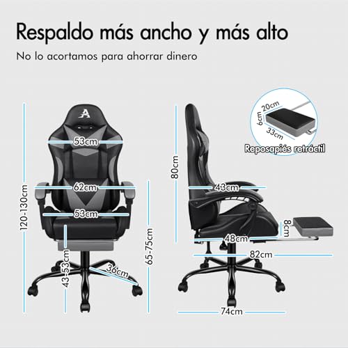 Miniatura 2 de Alfordson Silla Gaming Con Masajeador Y Led, Silla Ejecutiva Ergonómica De Oficina Con Reposapiés, Sillas Gamer Para Oficina Y Juegos Con Iluminación Rgb, Polipiel, Gris
