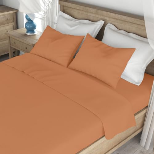INTRECCI Completo lenzuola tinta unita in flanella anti-pilling - Lenzuola felpate invernali 100% cotone misura: Una piazza e mezzo, Colore: Arancione
