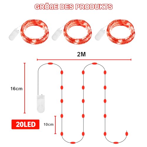 BOLWEO Valentinstag LED Lichterkette 3 Stück 2m 20Leds Rot Mini LED Lichterkette mit Batterie Kupfer Drahtlichterkette für Party, Schlafzimmer,Haus, Schlafzimmer,Hochzeit Jahrestag Party