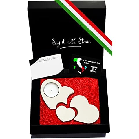 Valentine Gift For Him Her 3 Hearts Become 1 - Handmade Stone Tealight Candle Holder from Italy - Gift Box, Candle & Blank Message Card Incl - Newborn Mom Dad Parents Son Daughter Baby Shower Cover