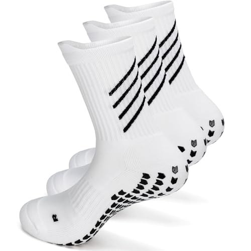 Calcetines de fútbol antideslizantes blancos hombre mujer, de algodón, yoga, running, trekking, Calcetines de rugby, gimnasio, baloncesto, golf, críquet, correr, senderismo, 36-42, Blanco, M, 3P