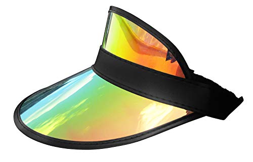 Nicky Bigs Novelties Clear Holographic Iridescent Mirrored Metallic Colored Plastic Sun Visor Tennis Beach Vegas Dealer Golf Hat, Oil Slick