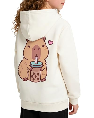 Momkonzz Kids Hoodies for Girls Hooded Sweatshirts Cute Teen Boba Tea Capybara Pullover Tops 8-12Y (Beige 9Y