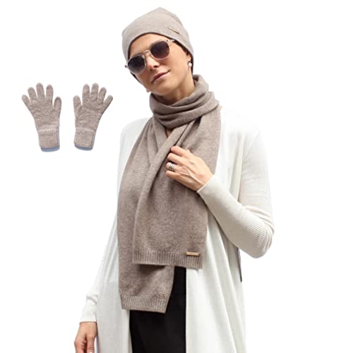 100% Cashmere Beanie Hat, Scarf and Touchscreen Gloves Set Unisex