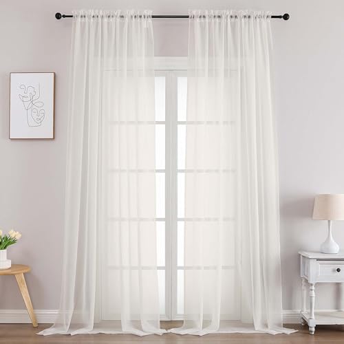 Image of Chyhomenyc Extra Long Window Scarf Valances - Ivory Sheer Curtain Drapes Rod Pocket Backdrop for Wedding Arch Draping /Party /Canopy Bed /Living Room, 2PCS, Each 59Wx216L, 18 Feet Length