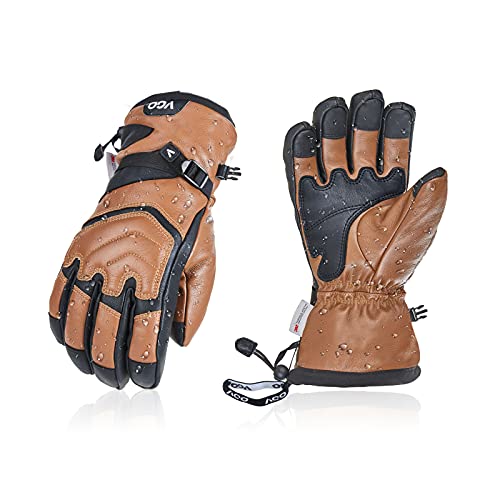 Vgo 1 paire de gants de ski chauds en cuir de vache - 30 °C ou plus - Pour homme et femme - Gants d'hiver et de neige - Gants d'extérieur imperméables Thinsulate 3M (CA2469FW) - Taille XS - Marron Cover