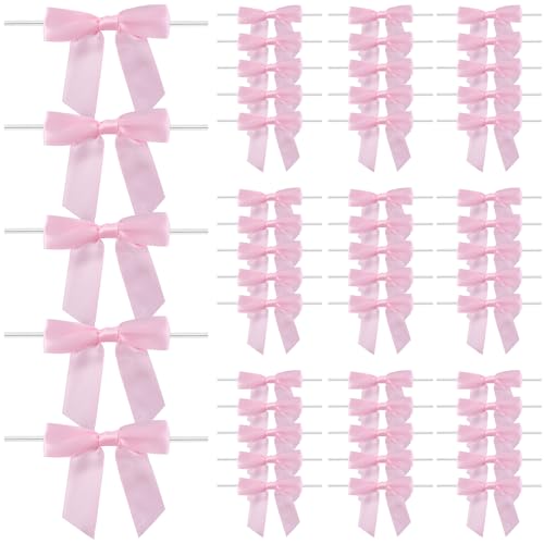oecoel 50Pcs 3.5in Satin Ribbon Bows with Clear Twist Ties Pre-Tied Decorative Bows for Present Wrapping Treat Bags & Party Favors(Light Pink)