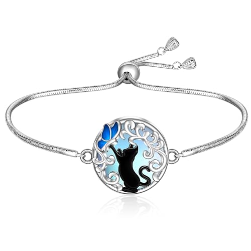 Black Cat Bracelet Filigree Moonstone Filigree Butterfly Cat Bracelets for Women Sterling Silver Halloween Cats Lover Gifts
