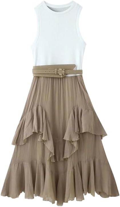 Women's Sleeveless Round Neck with Belt Stacked Splicing Tank Top Dress Lightweight Soft Dress