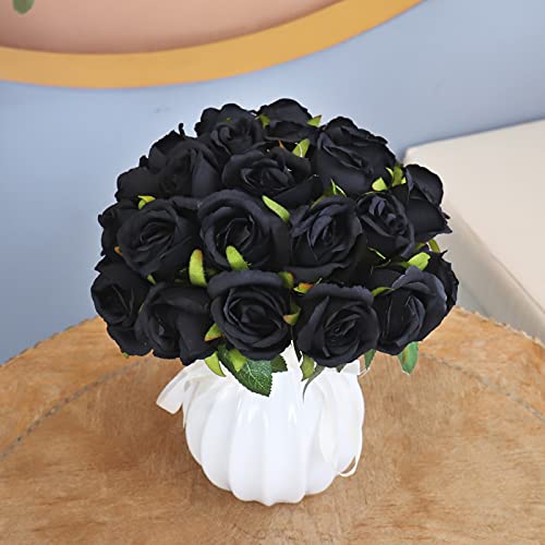 Nuseiis 24 Pcs Black Roses Artificial Flowers, Fake Flowers For Decoration, Artificial Rose Silk Flowers With Stems For Room Decor Wedding Party Centerpieces Decor，Halloween Decorations (Black) #TOP1