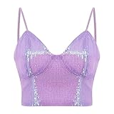 Giovacker Women's Sexy V-Neck Spaghetti Strap Sparkle Sequined Crop Tops Tube Top Bustier Tank Rave Clubwear, Purple/S