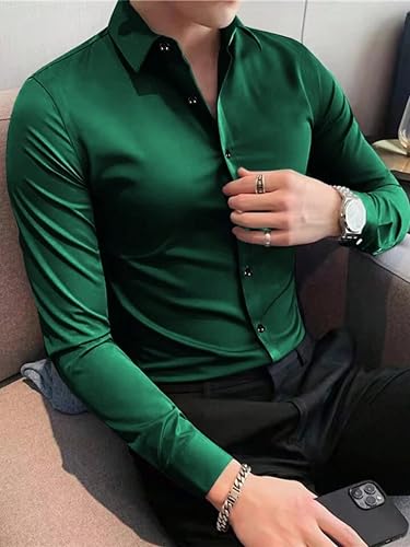 Image of IndoPrimo Men's Satin Shirt with Spread Collar Neck Line Solid Pattern Full Sleeves Regular Fit Western Style and Standard Length