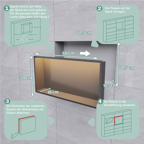 IKITRAEE LED Edelstahl Einbaunische Wandnische für Dusche，Integrierte Fliesenlose Duschablage aus Rostfreiem Edelstahl, Badezimmer-Aufbewahrung für Shampoo & Duschgel (Matt schwarz, 60X30cm)