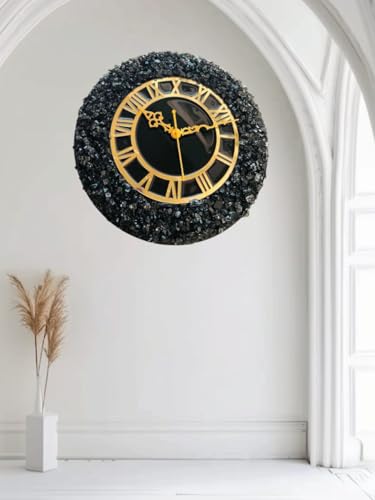 Image of Handmade Resin Wall Clock with Roman Numerals - Luxury Marble Effect Designer Wall Clock with Gold Finish, Silent Quartz Movement, Modern Home & Office Decor (Black)