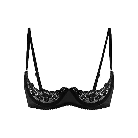 Alvivi Womens Sheer Floral Lace Underwired Bra Sexy Half Cup Unlined Brassiere Lingerie Underwear Black Medium Cover