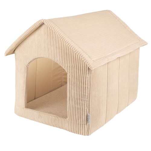 Petsona Hundehütte Rippenstrickstoff Waschbarer Bezug Reißverschlussdach, Beige,XL