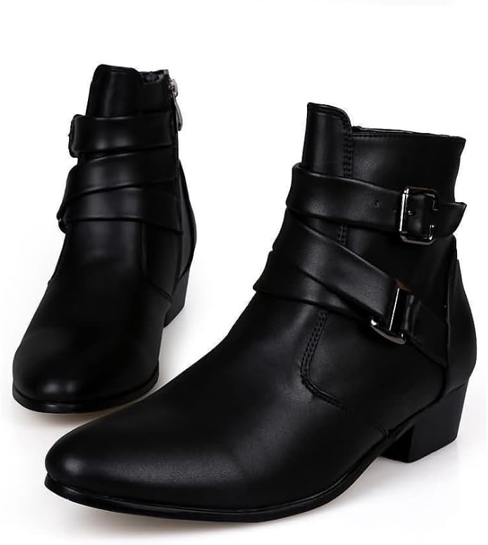 MGGMOKAY Men's Chelsea Boots Leather Shoes Casual Dress Ankle Boot With Buckle Side Zipper - Image 6