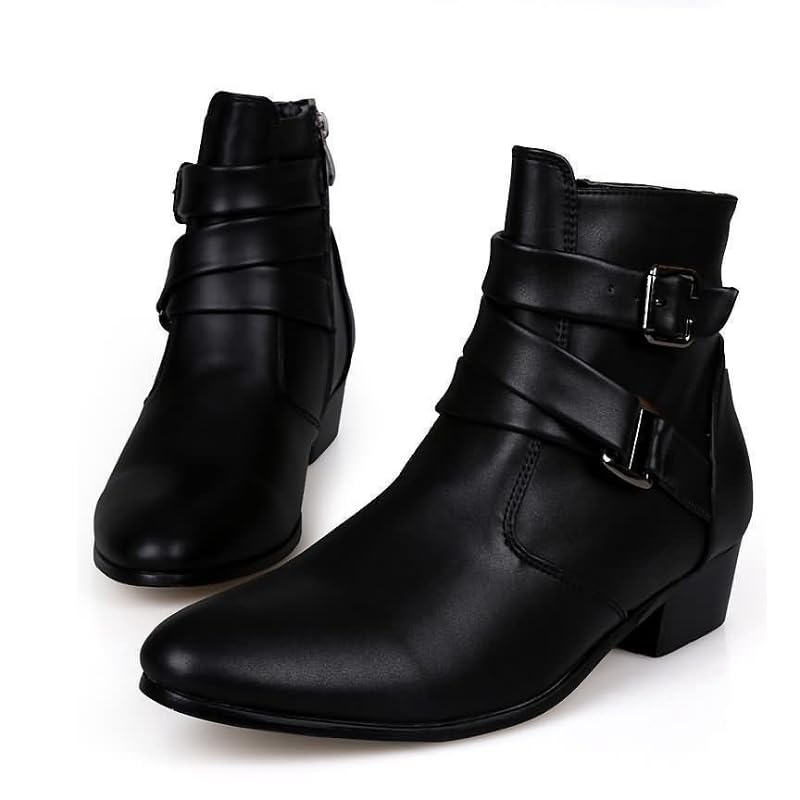Image of MGGMOKAY Men's Chelsea Boots Leather Shoes Casual Dress Ankle Boot With Buckle Side Zipper