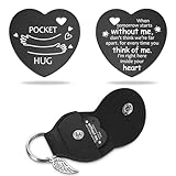 Lasimfa Pocket Hug When Tomorrow Starts Black Stainless Steel Double-Sided Heart Shaped Token with Leather Bag Long Distance Relationship Keepsake Gift for Family Friends Daughter Son